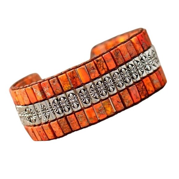 Western Orange Mohave Turquoise Leather Silver Bracelet Adjustable Southwest - Picture 1 of 4